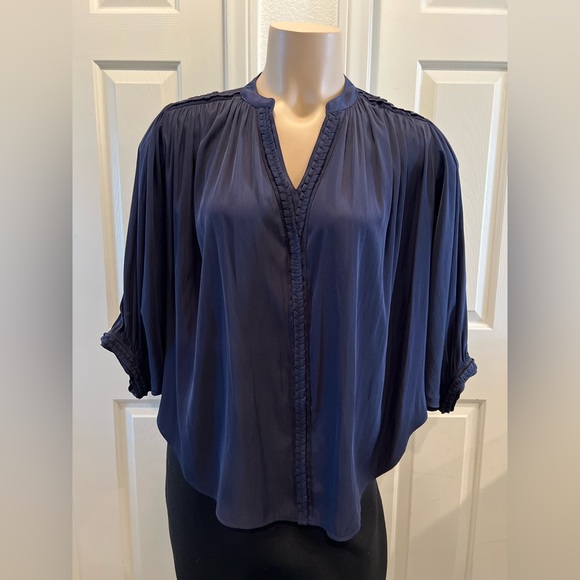 Chico's Tops - ***S O L D*** Classic Navy Blue Blouse with Bat Wing Sleeves and Braided Trim
